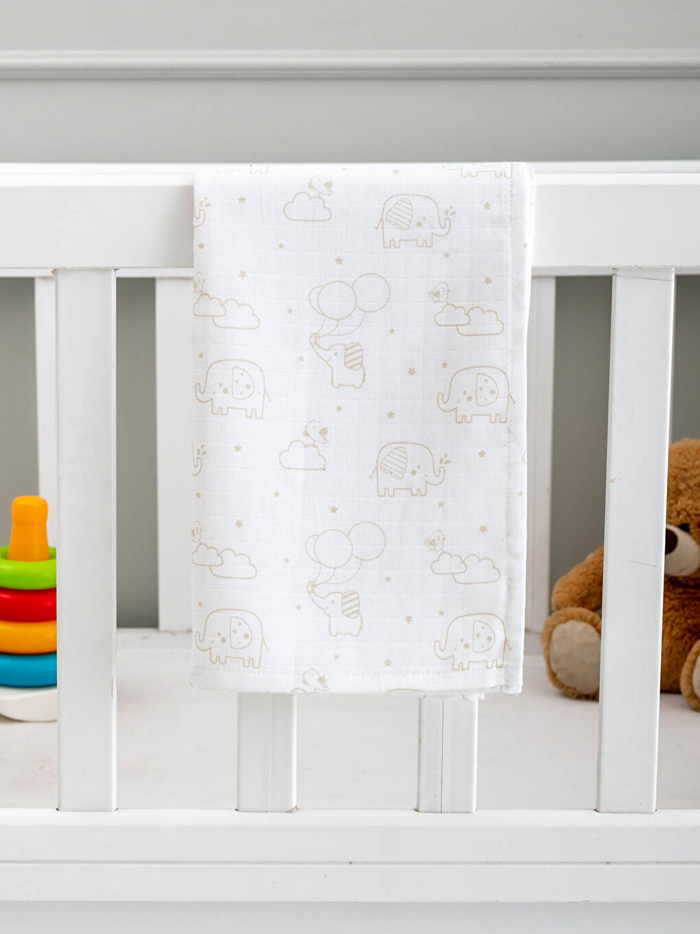 Bej Baskılı Erkek Bebek Müslin Battaniye 85x85 cm