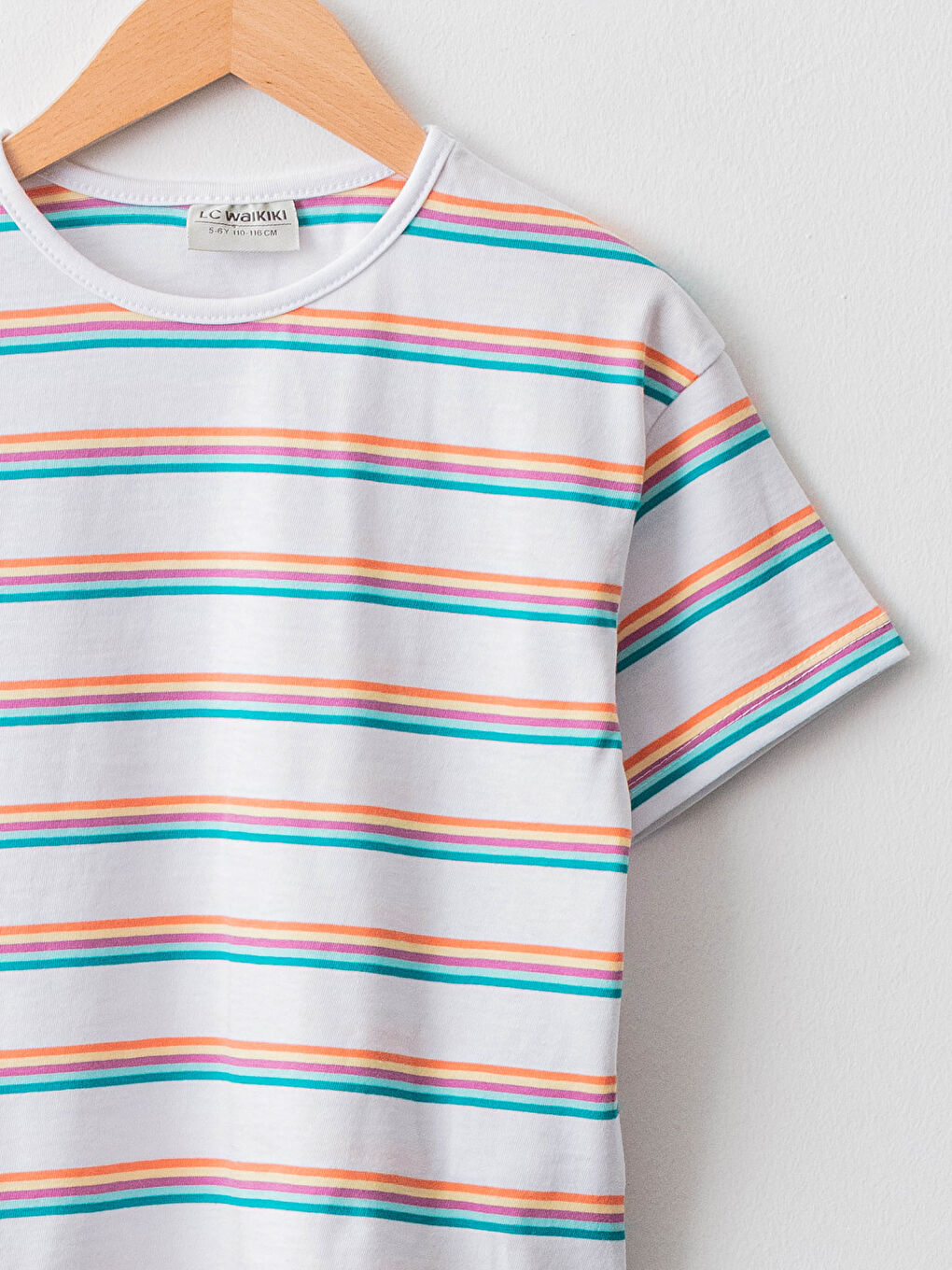 Bisiklet Yaka Çizgili Kısa Kollu Pamuklu Kız Çocuk Tişört-2