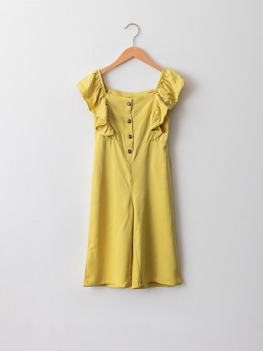 Yeşil Kare Yaka Fırfır Detaylı Kısa Kollu Viskon Kız Çocuk Tulum