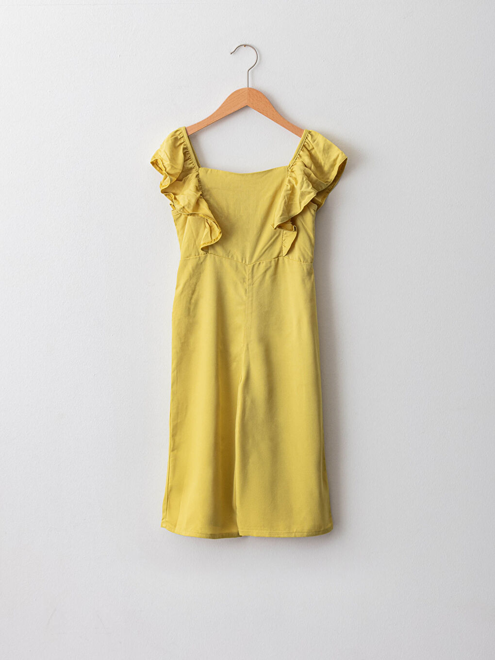 Yeşil Kare Yaka Fırfır Detaylı Kısa Kollu Viskon Kız Çocuk Tulum-1