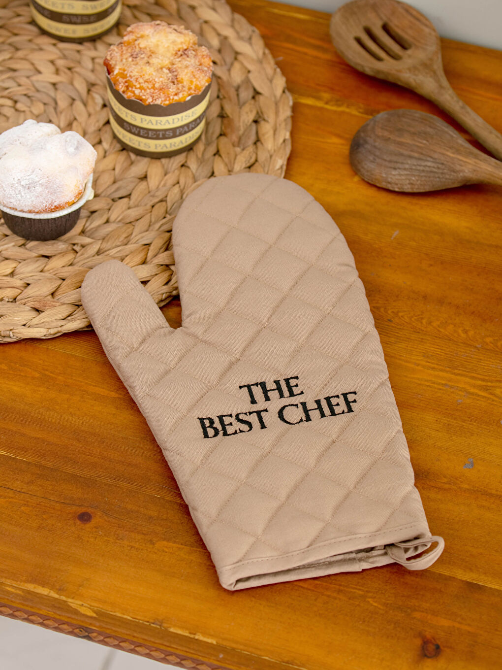 Bej Slogan Nakışlı Gabardin Fırın Eldiveni