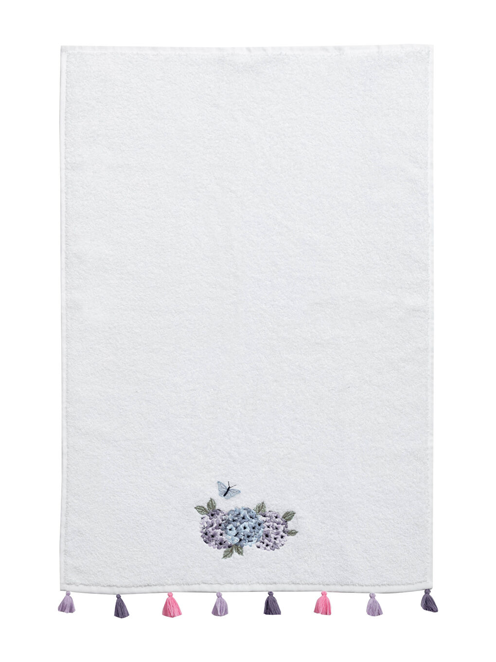 Beyaz Çiçek Nakışlı Püsküllü Yüz Havlusu-2