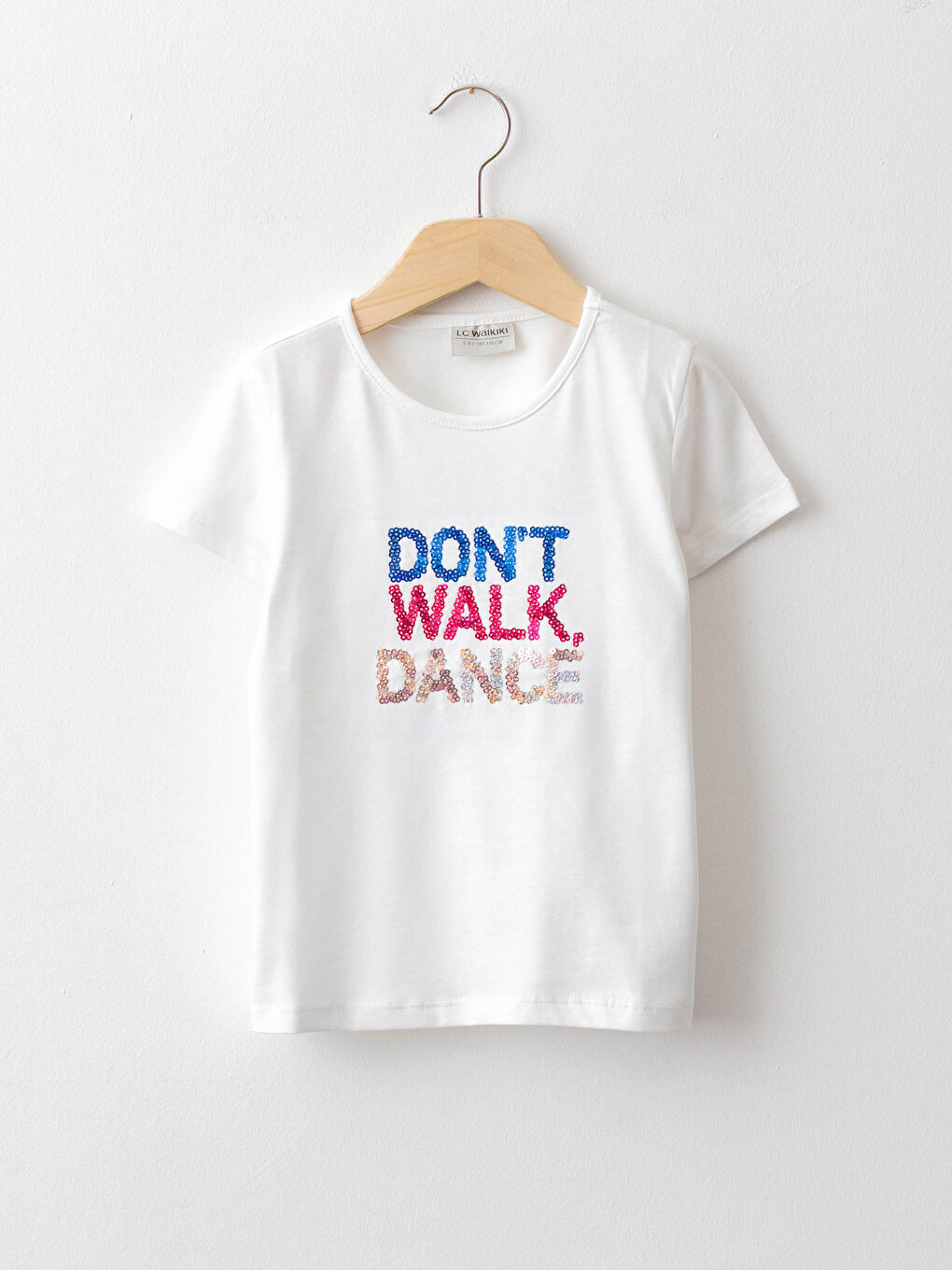 Ekru Bisiklet Yaka Pul İşlemeli Kısa Kollu Pamuklu Kız Çocuk Tişört