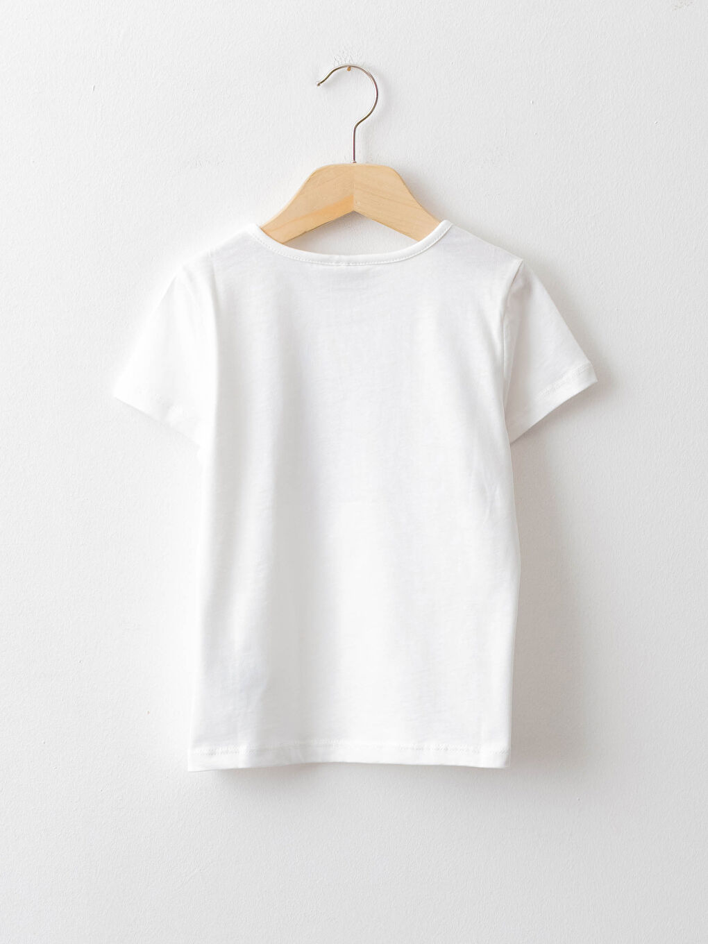 Ekru Bisiklet Yaka Pul İşlemeli Kısa Kollu Pamuklu Kız Çocuk Tişört-1