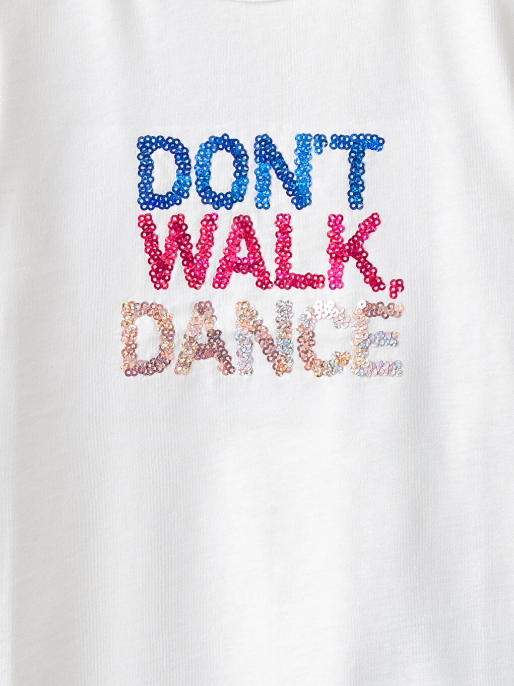 Ekru Bisiklet Yaka Pul İşlemeli Kısa Kollu Pamuklu Kız Çocuk Tişört-2