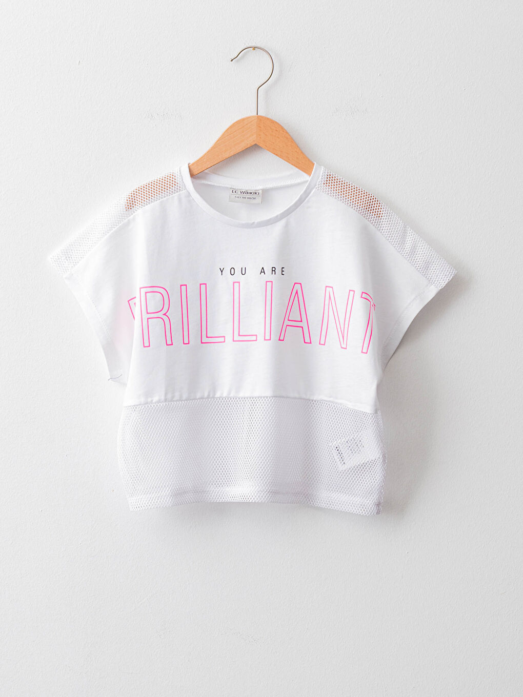 Beyaz Bisiklet Yaka Baskılı File Detaylı Kısa Kollu Kız Çocuk Tişört