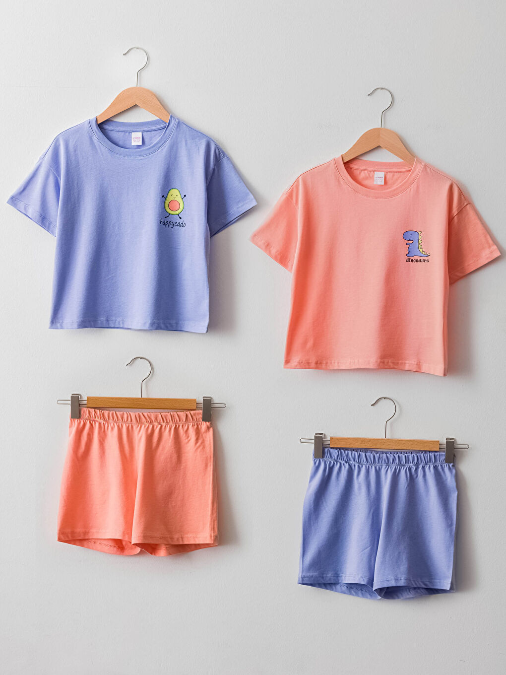 Crew Neck Printed Short Sleeve Cotton Girl's Pajamas Set