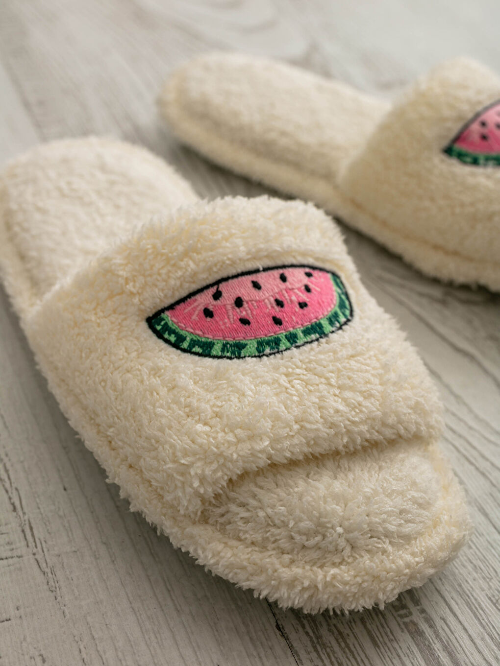 Ekru Karpuz Nakışlı Kadın Ev Terliği-1