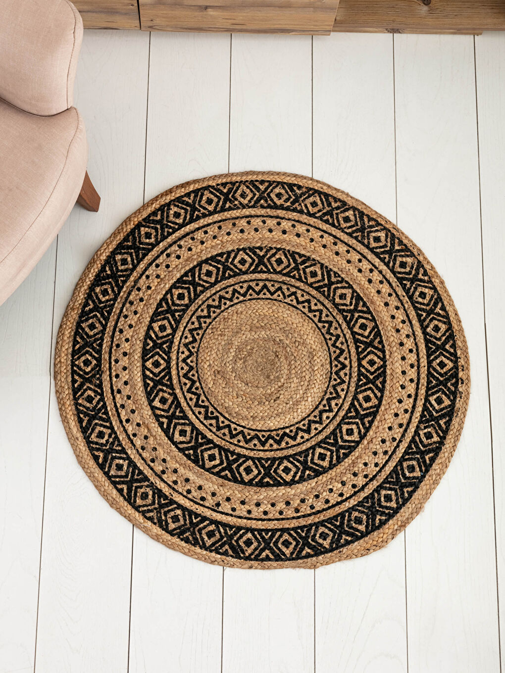 Karışık Etnik Desenli Jüt Halı 90x90 cm