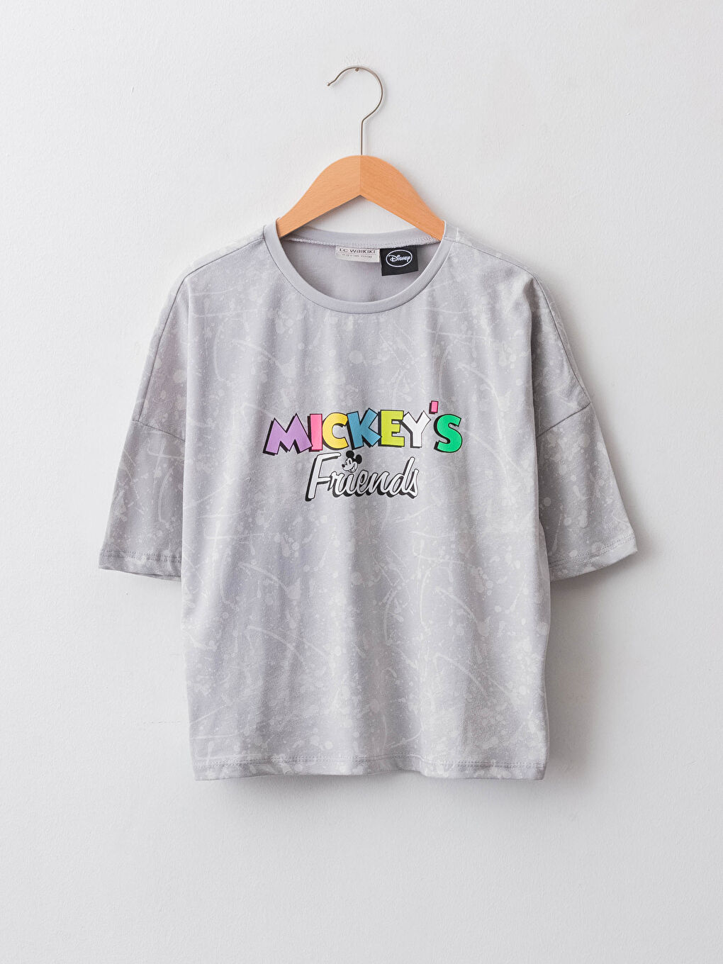 Gri Bisiklet Yaka Mickey Mouse Baskılı Kısa Kollu Kız Çocuk Crop Tişört