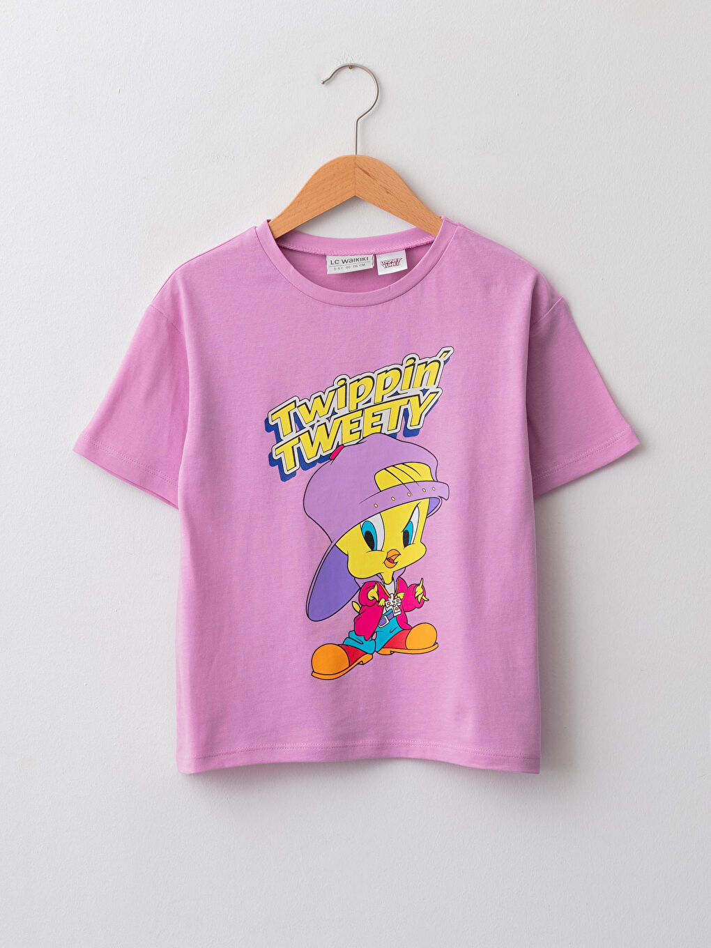 Crew Neck Tweety Printed Short Sleeve Cotton Girls T-Shirt-2