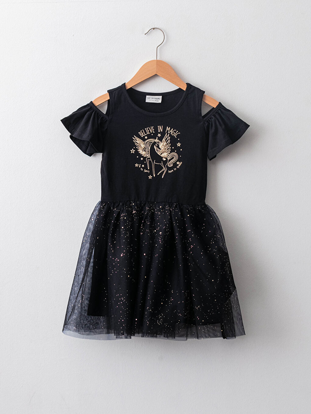 Robe Fille à Col Rond Imprimée avec Détail en Tulle et Manches Courtes