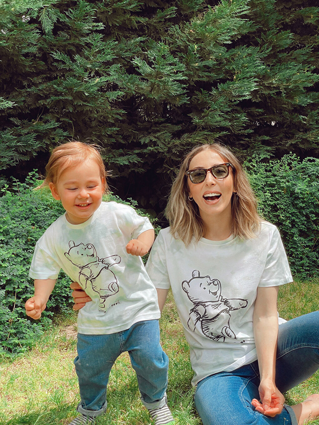 Crew Neck Short Sleeve Winnie the Pooh Printed Baby Boy T-Shirt Mother Son Combination