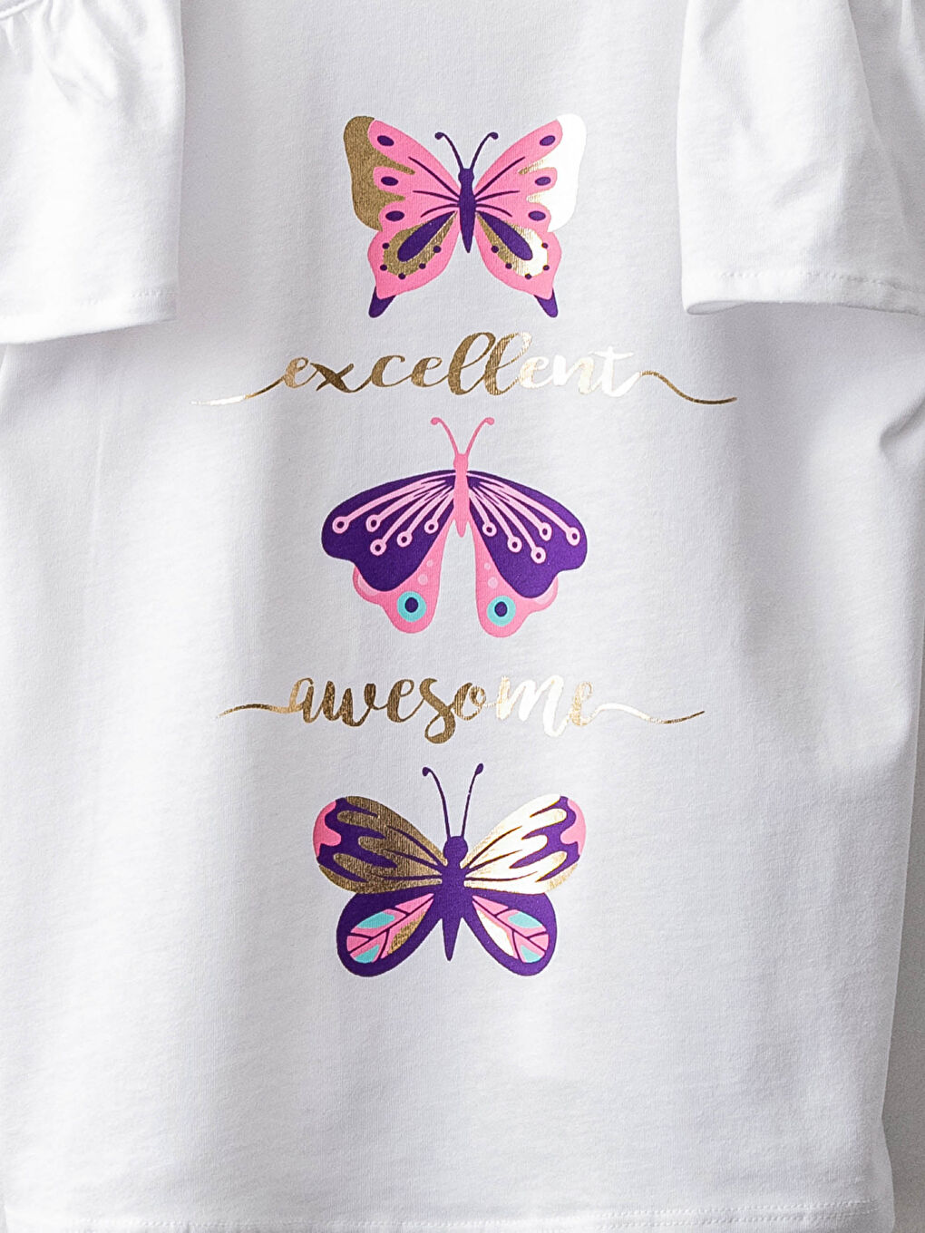 Дөңгелек жағалы принтті иықтан түсетін мақта қыз балалар футболка-2