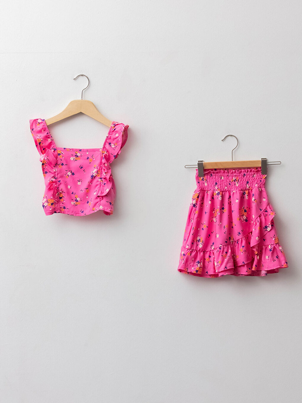 Square Neck Patterned Frill Detailed Viscose Girl's Blouse and Skirt