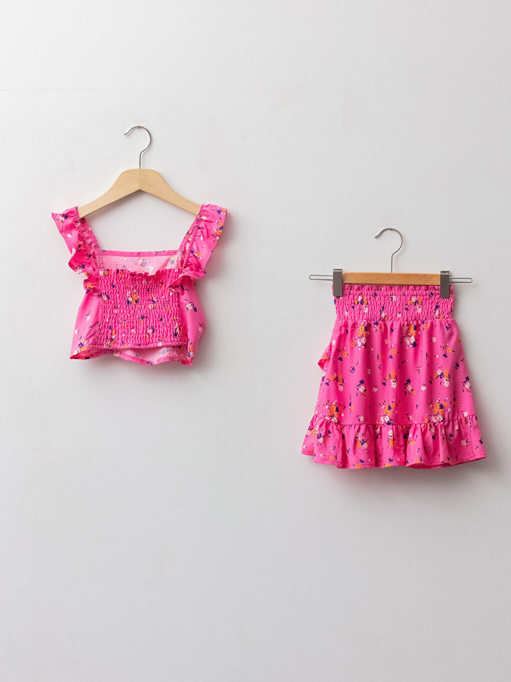 Square Neck Patterned Frill Detailed Viscose Girl's Blouse and Skirt-1