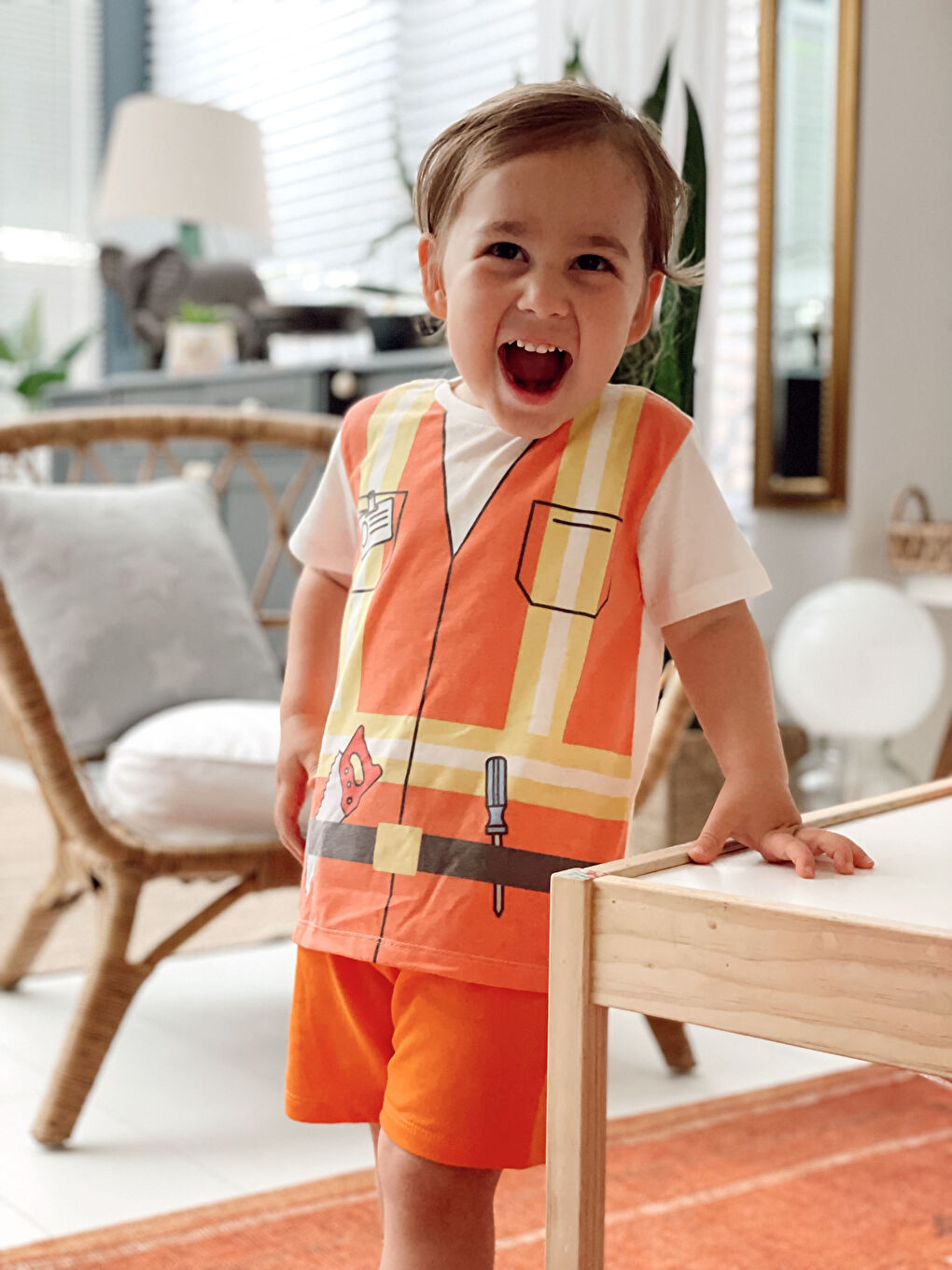 Ekru Bisiklet Yaka Kısa Kollu Baskılı Erkek Bebek Tamirci Kostüm-3