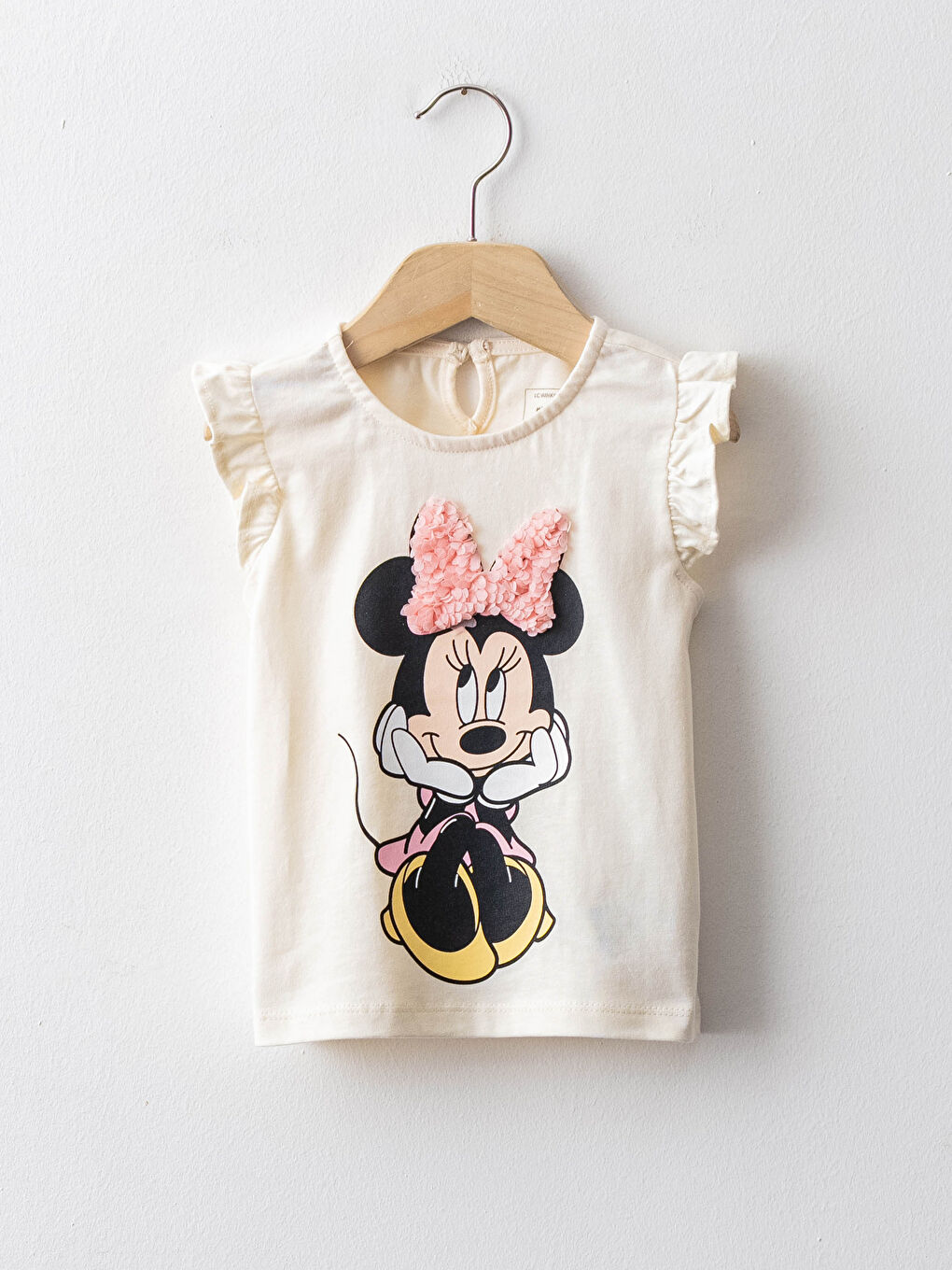 Ekru Bisiklet Yaka Kısa Kol Minnie Mouse Baskılı Pamuklu Kız Bebek Tişört