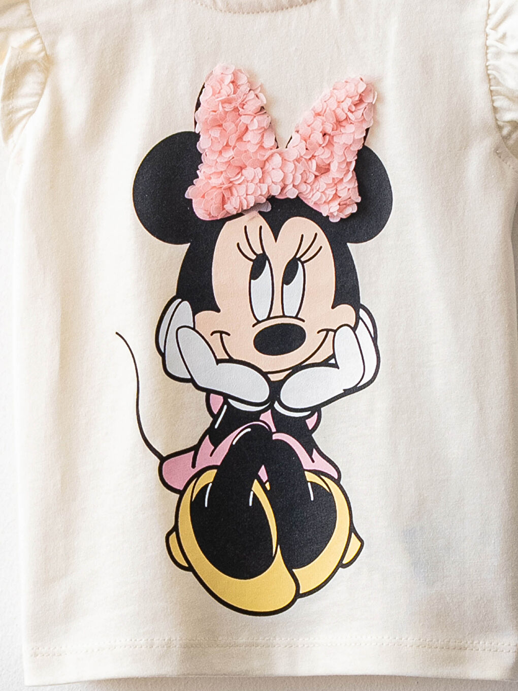 Ekru Bisiklet Yaka Kısa Kol Minnie Mouse Baskılı Pamuklu Kız Bebek Tişört-2