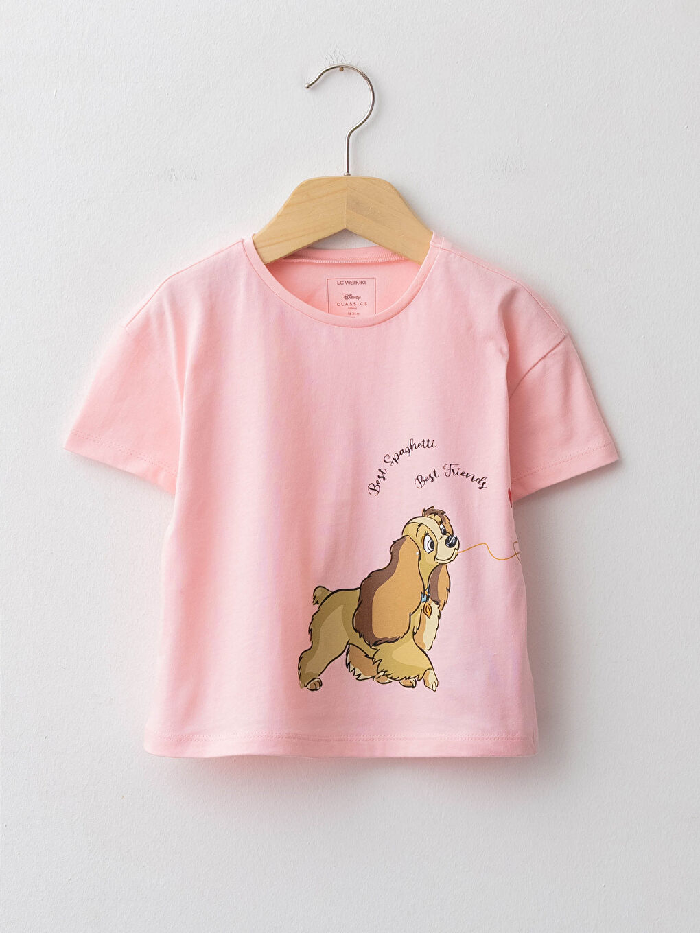 Pembe Bisiklet Yaka Kısa Kollu Lady And The Tramp Baskılı Pamuklu Kız Bebek Tişört