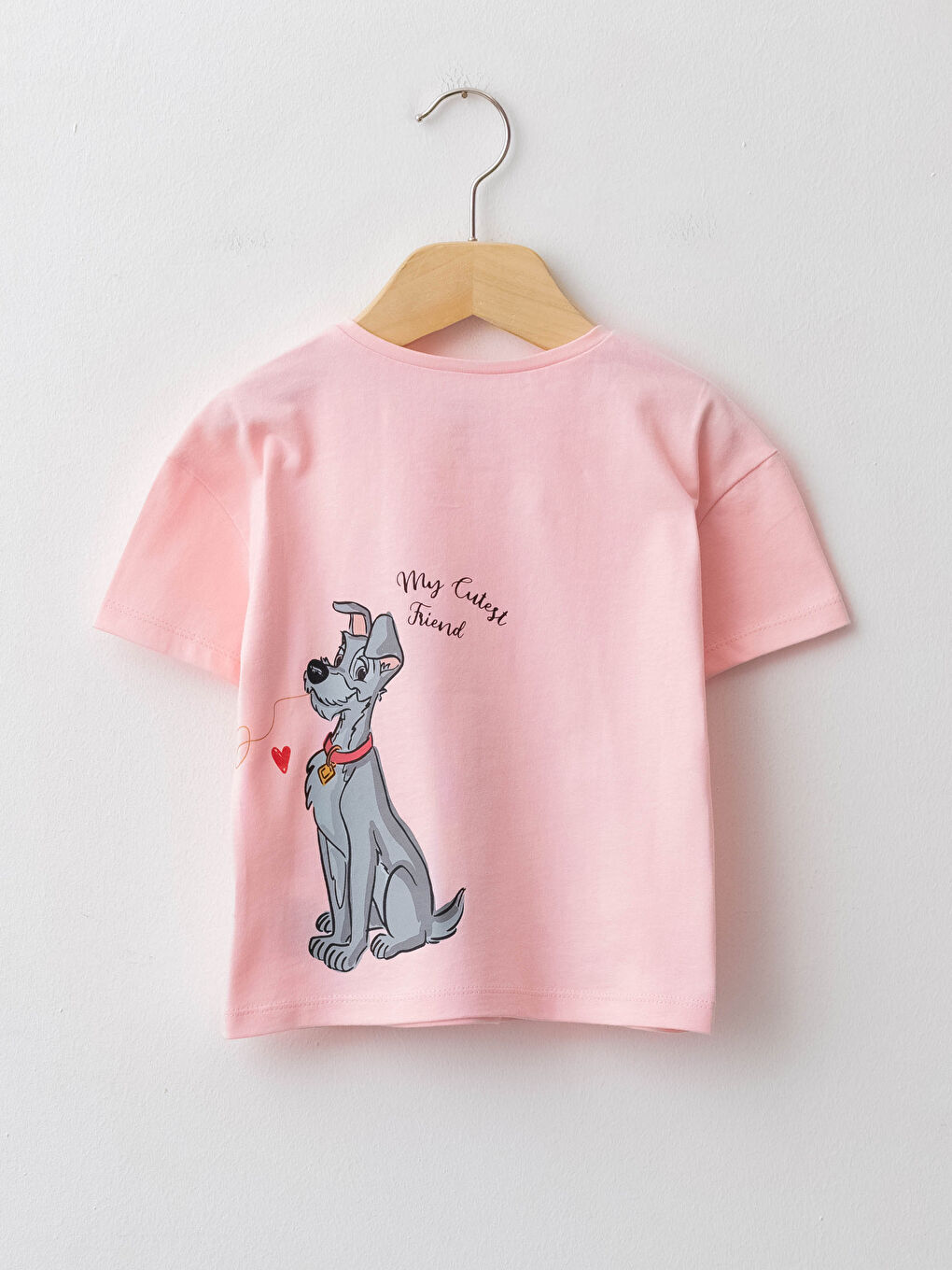 Pembe Bisiklet Yaka Kısa Kollu Lady And The Tramp Baskılı Pamuklu Kız Bebek Tişört-1