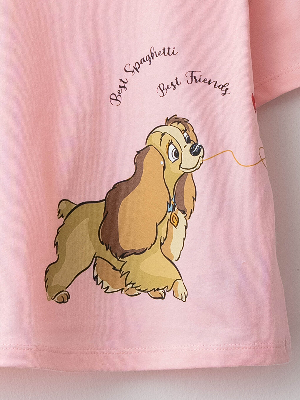 Pembe Bisiklet Yaka Kısa Kollu Lady And The Tramp Baskılı Pamuklu Kız Bebek Tişört-2