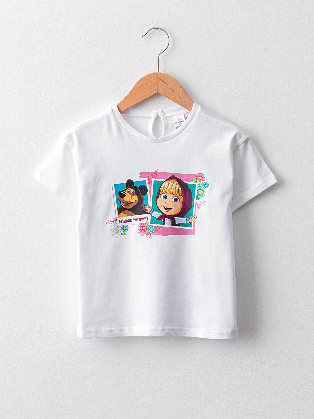 Beyaz Bisiklet Yaka Kısa Kollu Maşa ile Koca Ayı Baskılı Kız Bebek Tişört