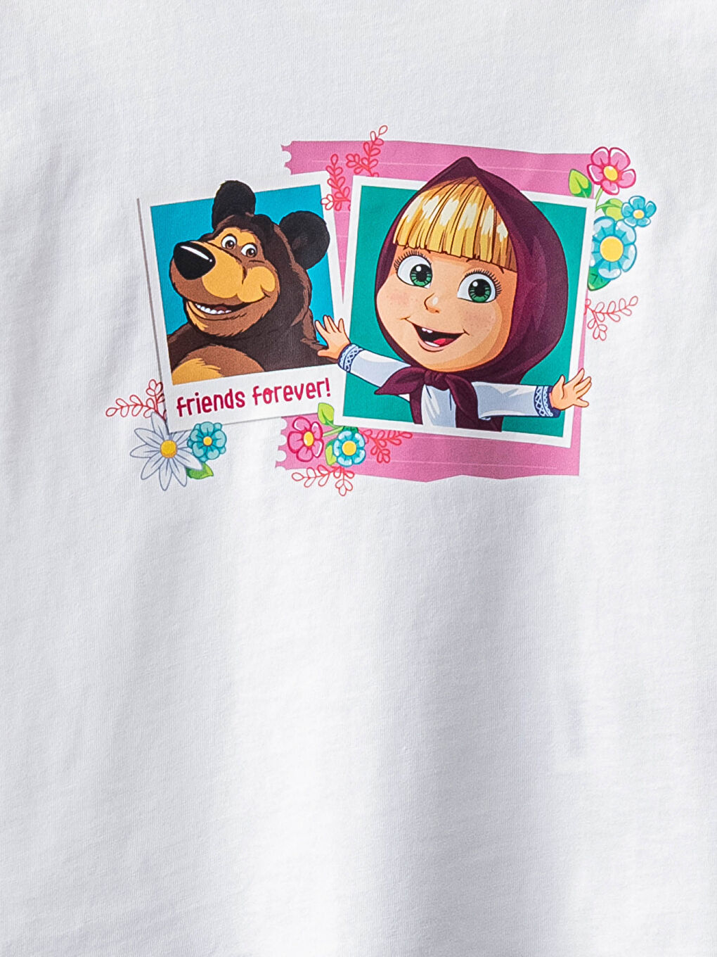 Beyaz Bisiklet Yaka Kısa Kollu Maşa ile Koca Ayı Baskılı Kız Bebek Tişört-2