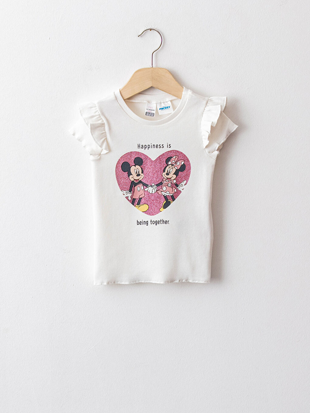 Ekru Bisiklet Yaka Kısa Kollu Mickey ve Minnie  Mouse Baskılı Kız Bebek Tişört