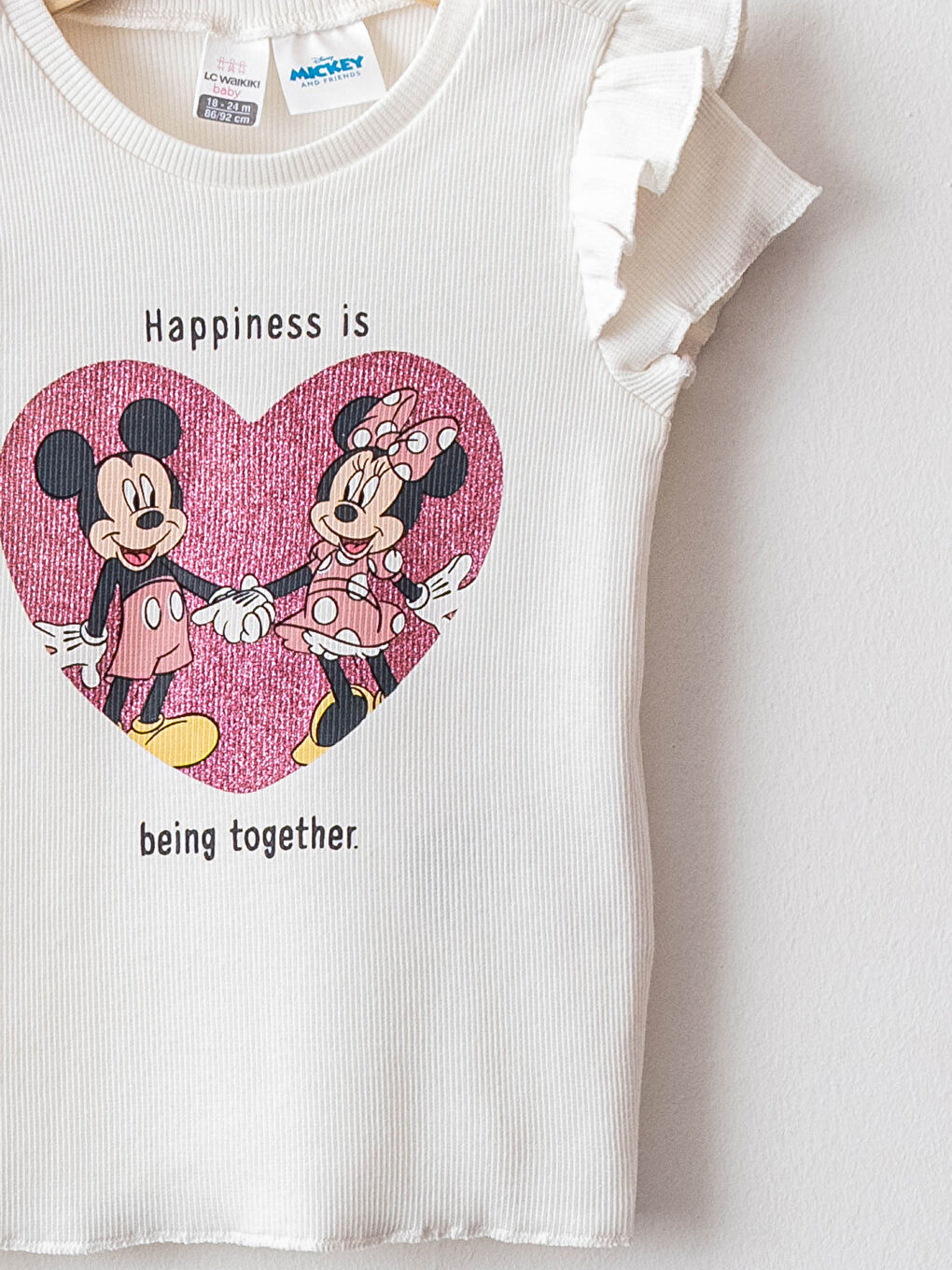 Ekru Bisiklet Yaka Kısa Kollu Mickey ve Minnie  Mouse Baskılı Kız Bebek Tişört-2