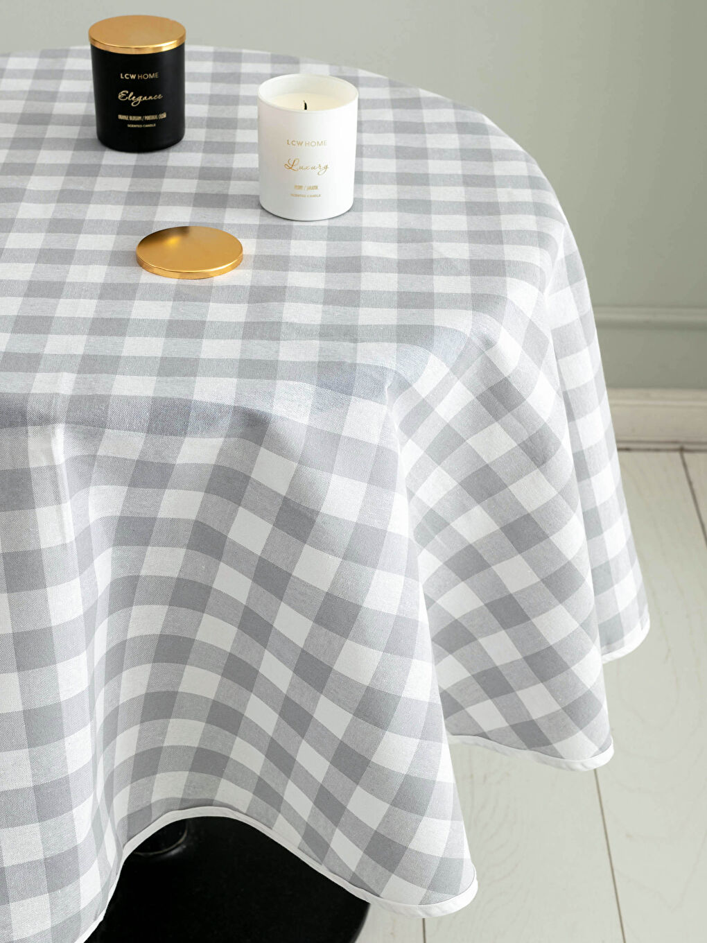 Gri Ekose Desenli Yuvarlak Masa Örtüsü 150x150 cm