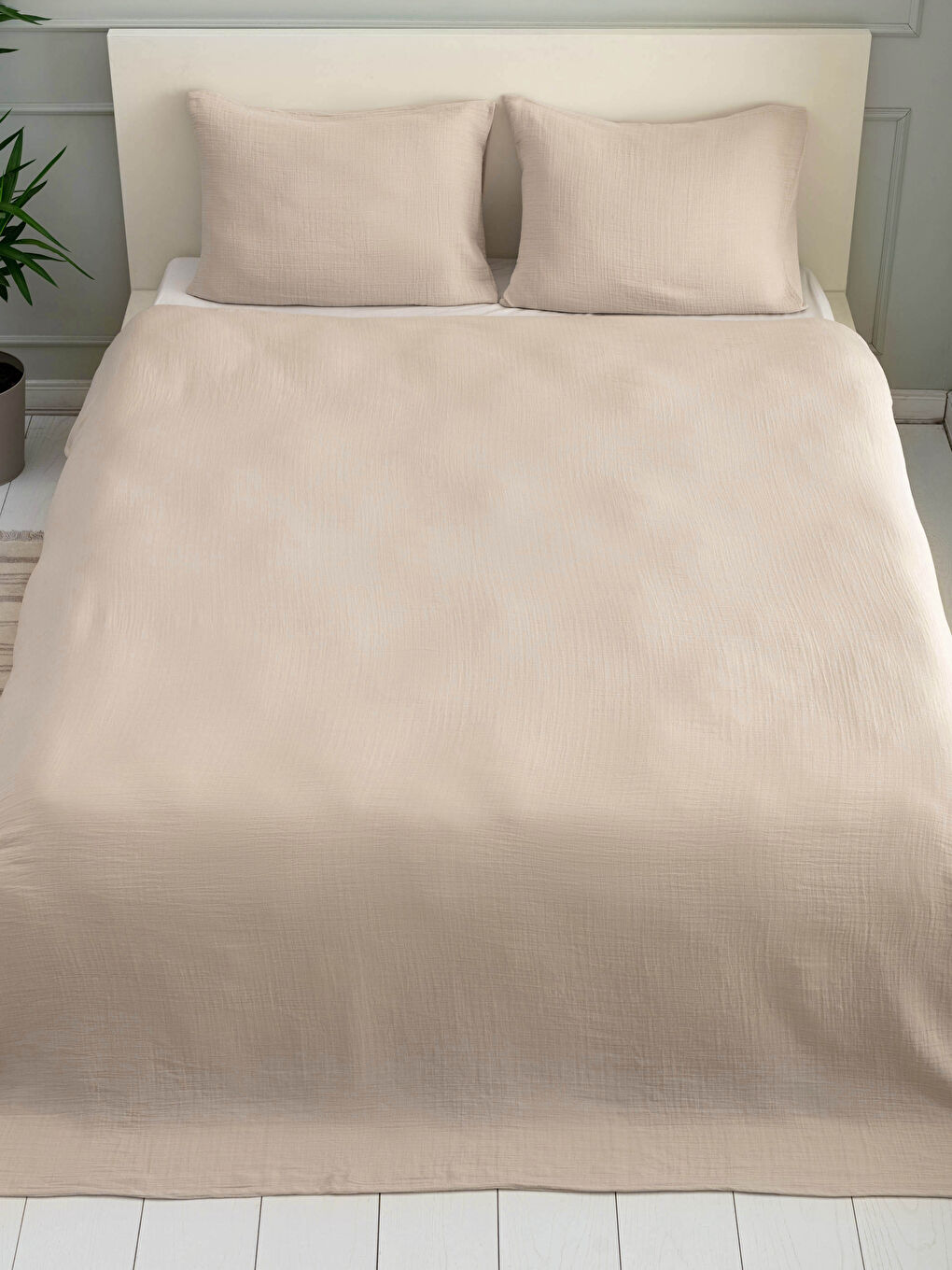 Bej Çift Kişilik Pamuklu Yatak Örtüsü ve Yastık Kılıfı-1