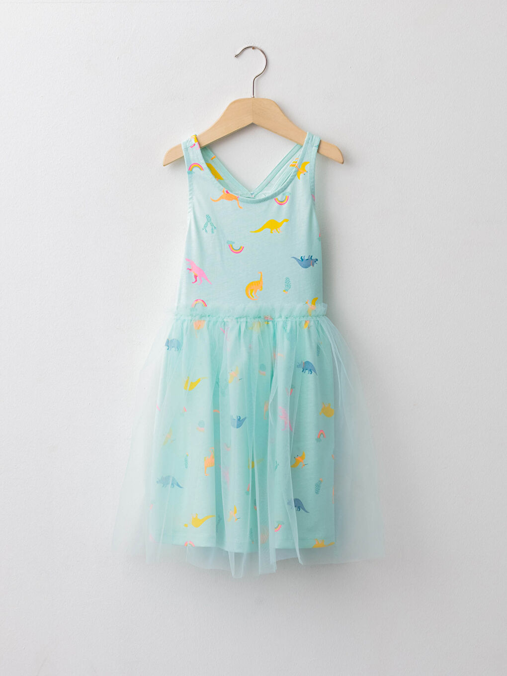 Turkuaz Bisiklet Yaka Baskılı Tül Detaylı Kız Çocuk Elbise