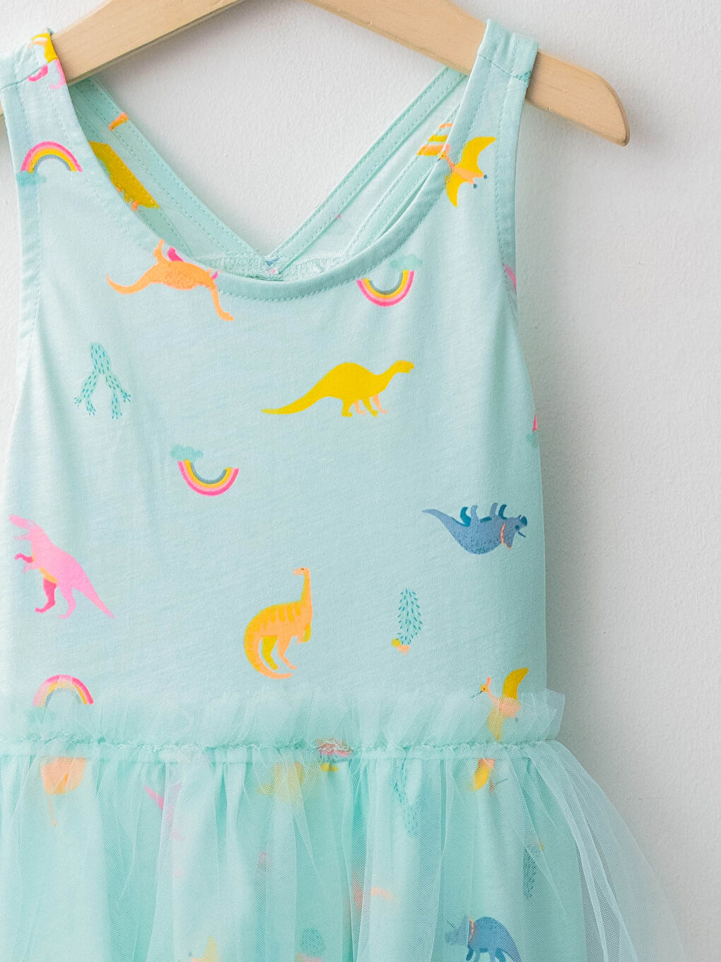 Turkuaz Bisiklet Yaka Baskılı Tül Detaylı Kız Çocuk Elbise-2