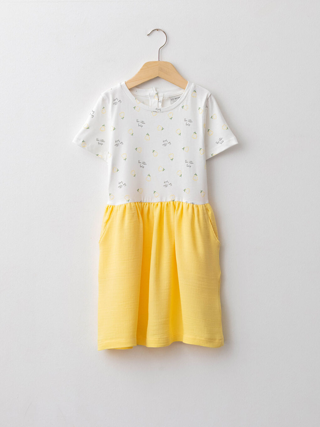 Ekru Bisiklet Yaka Kısa Kollu Baskılı Kız Çocuk Elbise