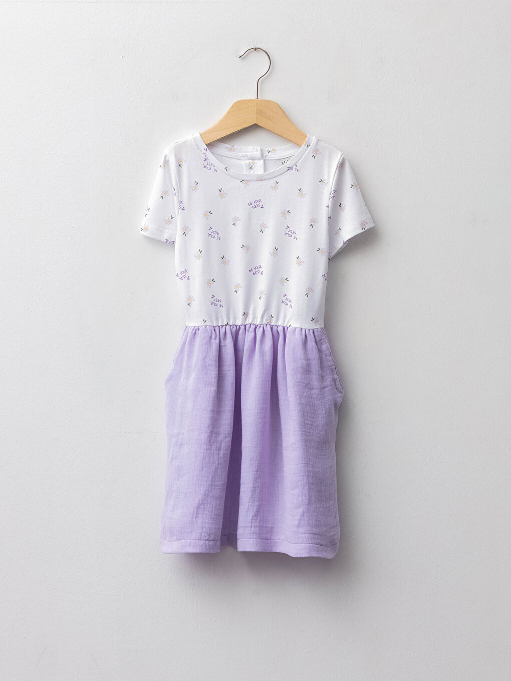 Lila Bisiklet Yaka Kısa Kollu Baskılı Kız Çocuk Elbise