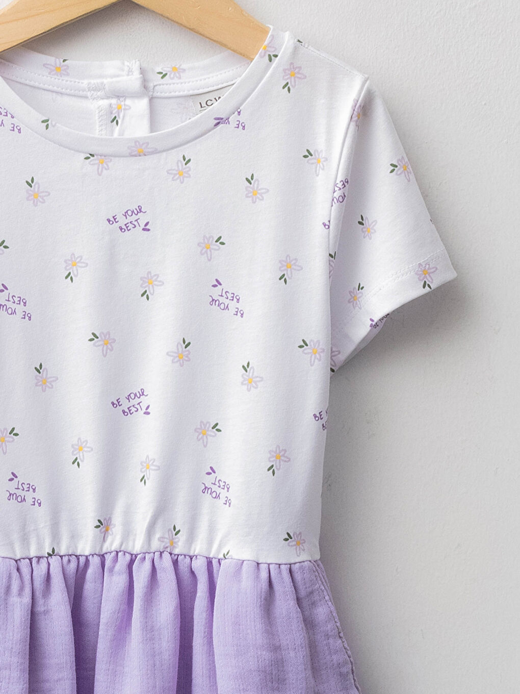 Lila Bisiklet Yaka Kısa Kollu Baskılı Kız Çocuk Elbise-2