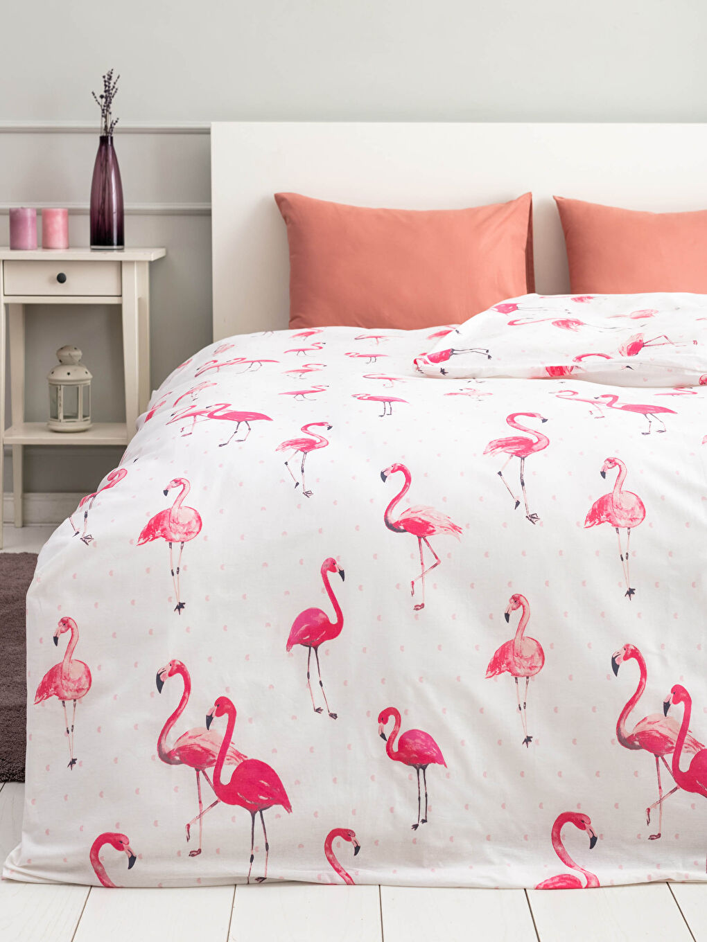 Pembe Çift Kişilik Flamingo Baskılı Dokuma Nevresim 200x220 cm