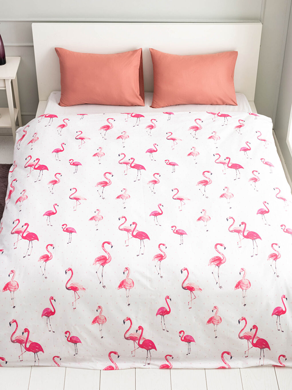 Pembe Çift Kişilik Flamingo Baskılı Dokuma Nevresim 200x220 cm-1