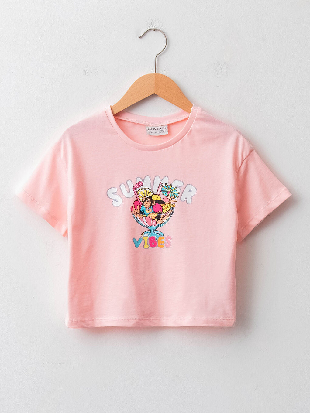 Pembe Bisiklet Yaka Nostaljik Maymun Baskılı Kısa Kollu Pamuklu Çocuk Tişört