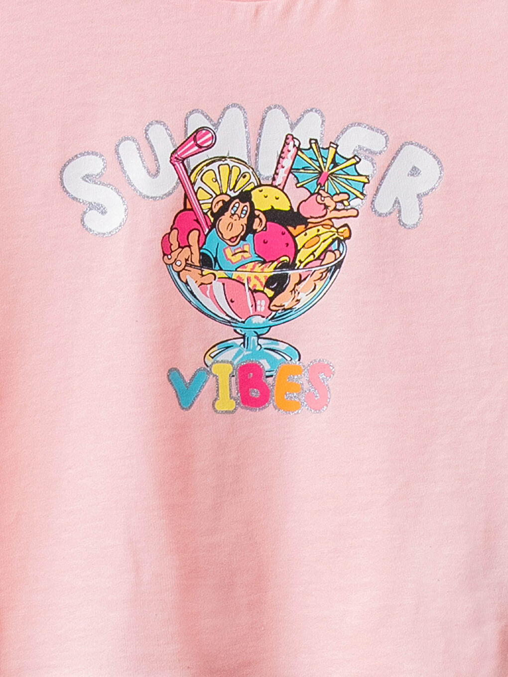 Pembe Bisiklet Yaka Nostaljik Maymun Baskılı Kısa Kollu Pamuklu Çocuk Tişört-2