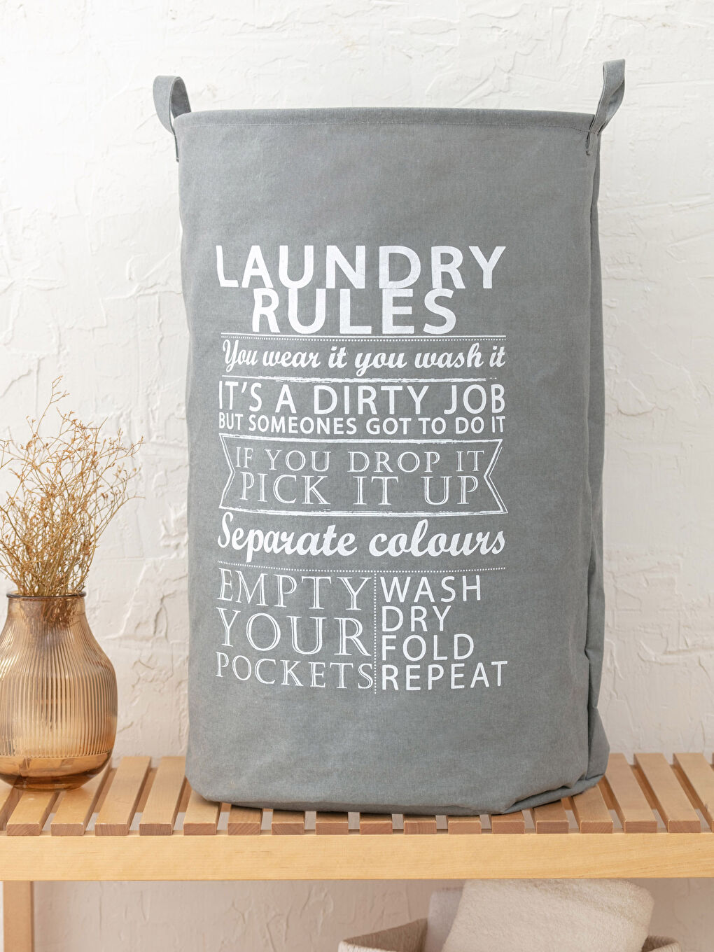 Beyaz Slogan Baskılı Çamaşır Sepeti 45x60 cm