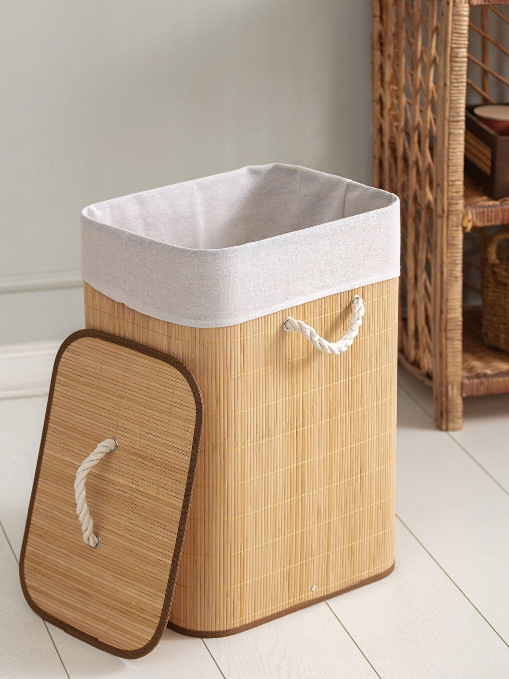 Kahverengi Kapaklı Bambu Çamaşır Sepeti 39x29x56 cm