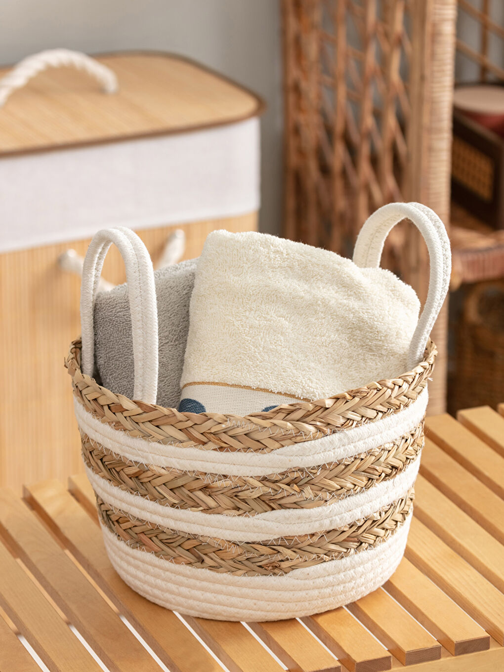 Bej Hasır Organizer Sepet 26x26x17 cm