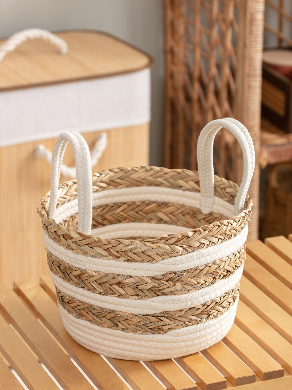 Bej Hasır Organizer Sepet 26x26x17 cm-1