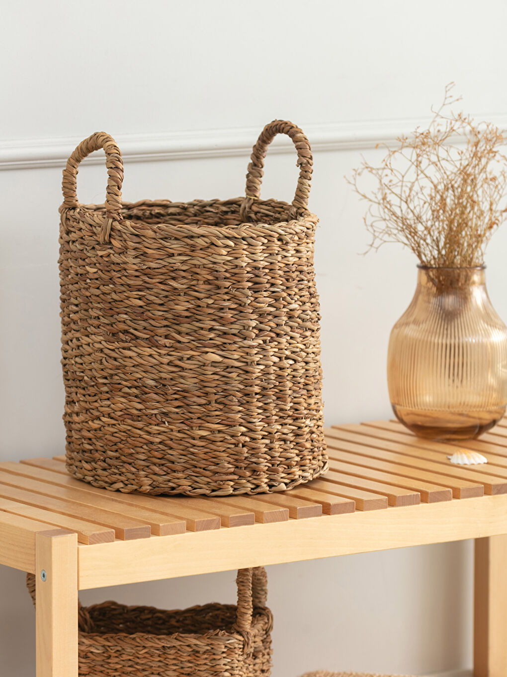 Bej Hasır Organizer Sepet 26x26 cm