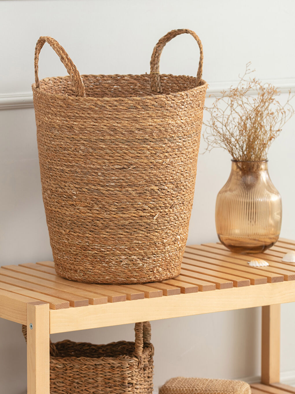 Bej Hasır Organizer Sepet 32x22x38 cm