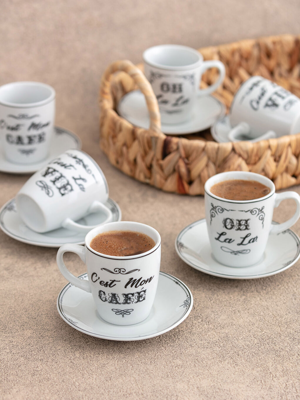 Slogan Printed Porcelain Coffee Cup Set 12 Pieces