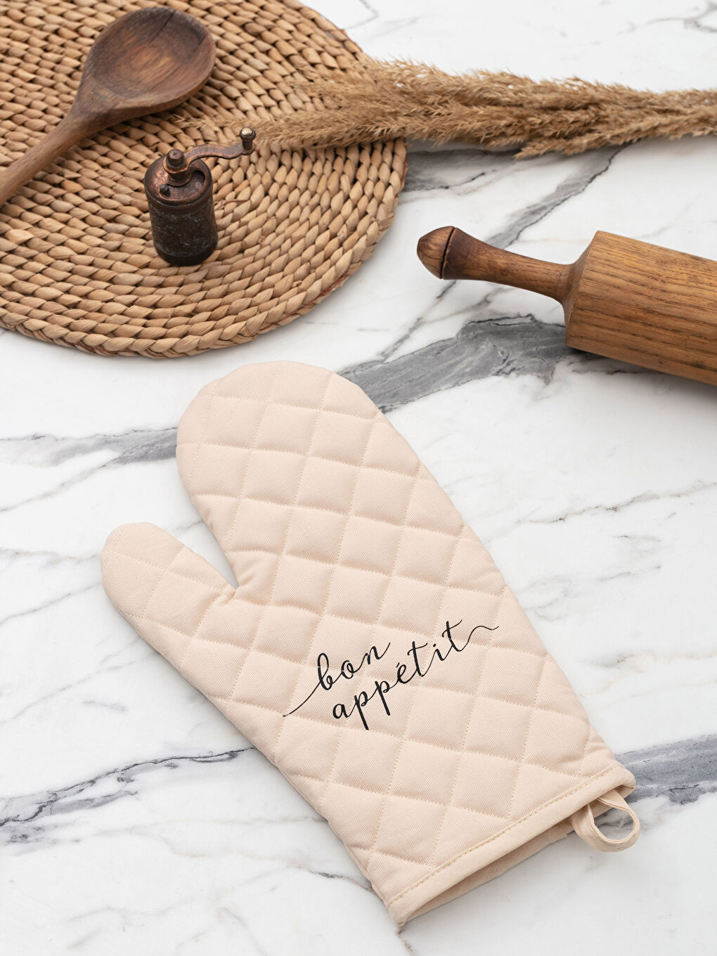 Ekru Baskılı Gabardin Fırın Eldiveni