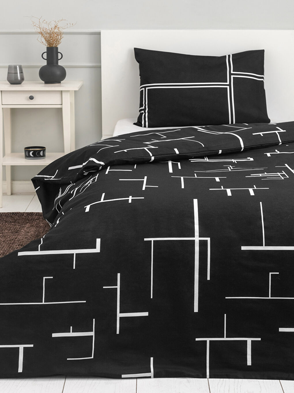 LCW HOME Siyah Tek Kişilik Pamuklu Desenli Nevresim ve Yastık Kılıfı